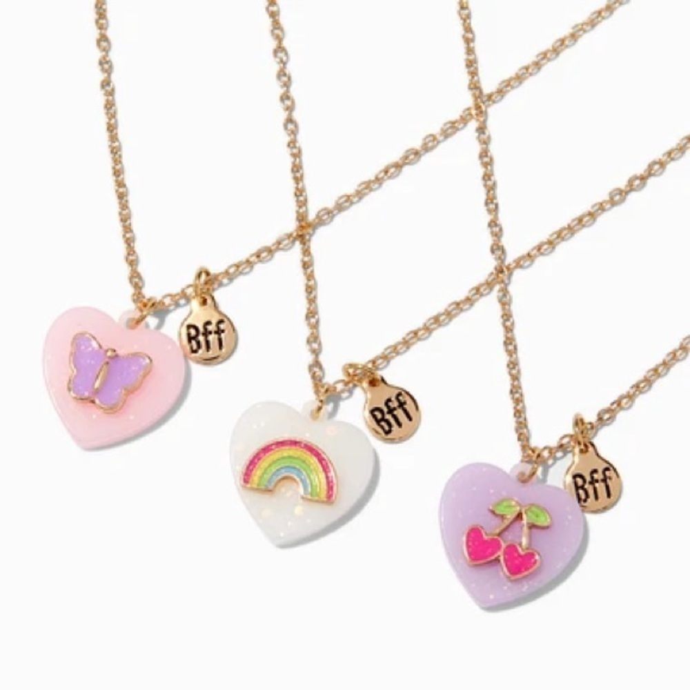 Claire's Best Friends BFF Heart Pendant Necklace Set Pink, White, Purple, 3 Pack